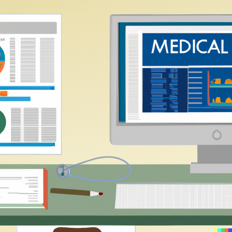 A medical professional's desk with computer displaying a standard response letter template, surrounded by medical journals, and a stethoscope.