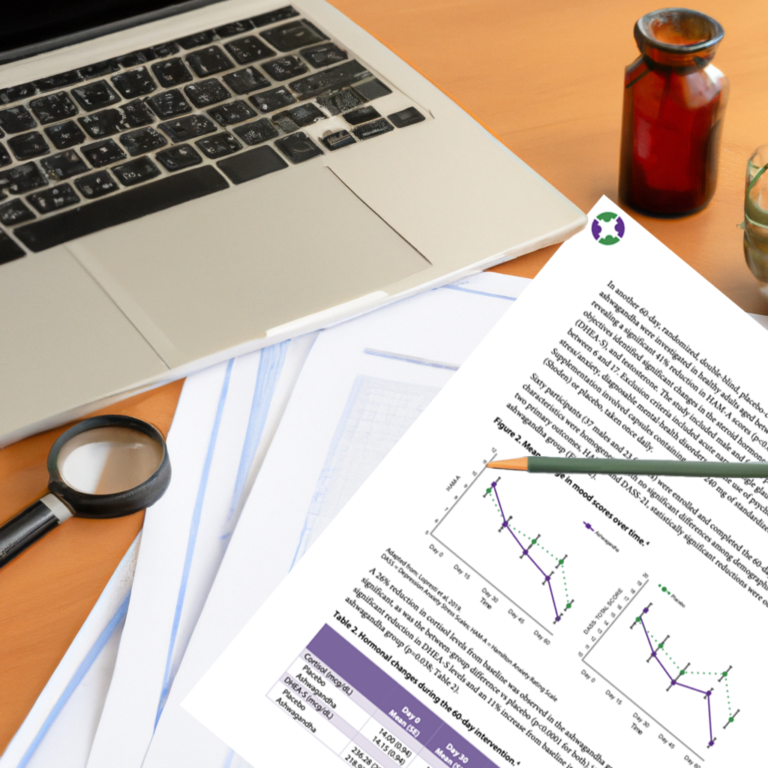 A modern desk with an open laptop showing medical studies about Ashwagandh, a magnifying glass over clinical trials summary, pen, notes outlining the steps for crafting a medical standard response letter, and CoreMed Communications LLC logo in the background.